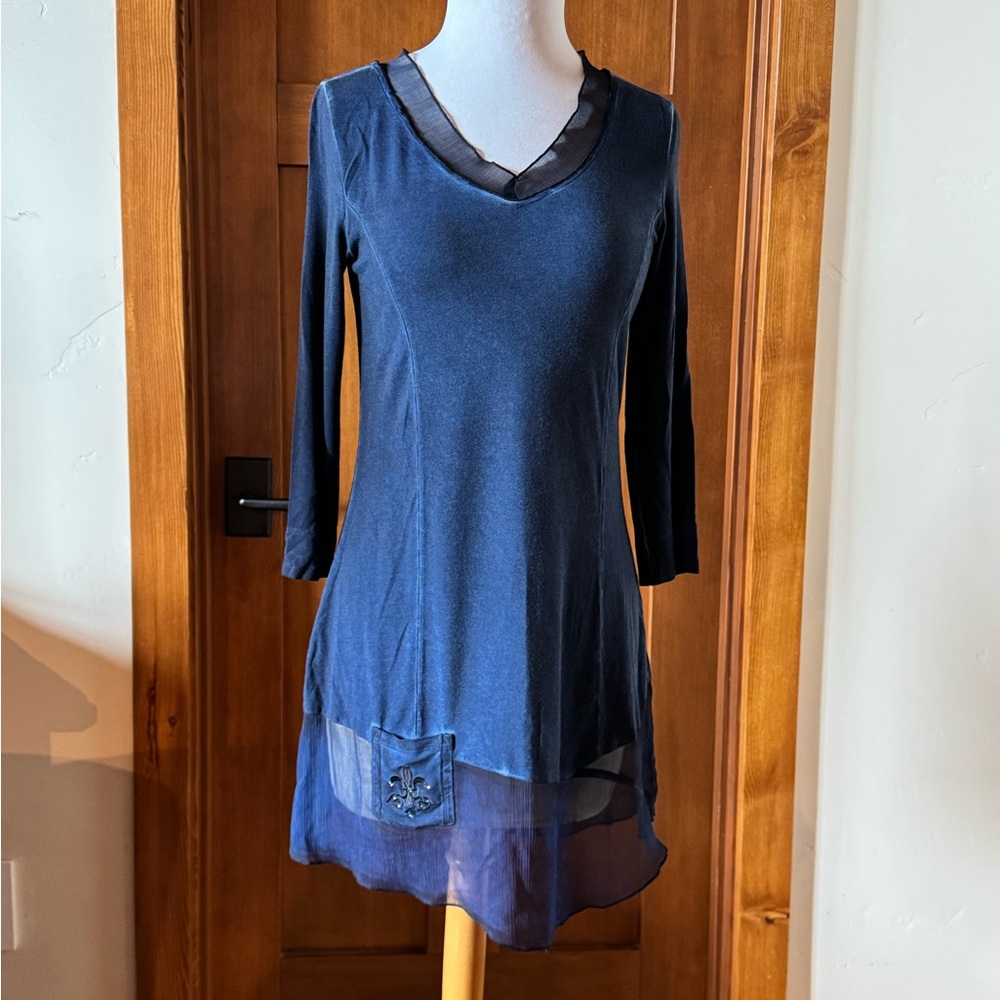 Soft Surroundings Indigo V-Neck Tunic with Sheer Trim